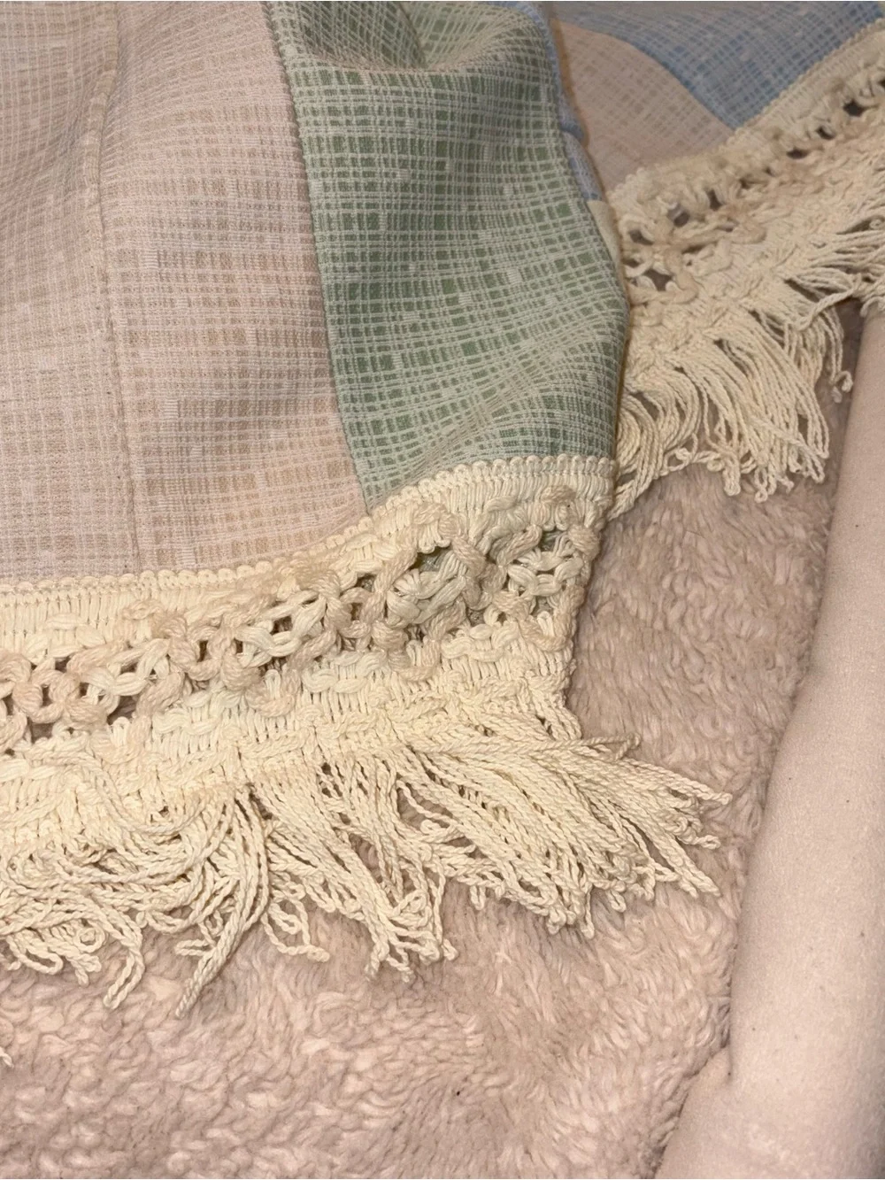 Pastel Patchwork Crochet-Trim Bedspread - White, Blue, Pink, Green